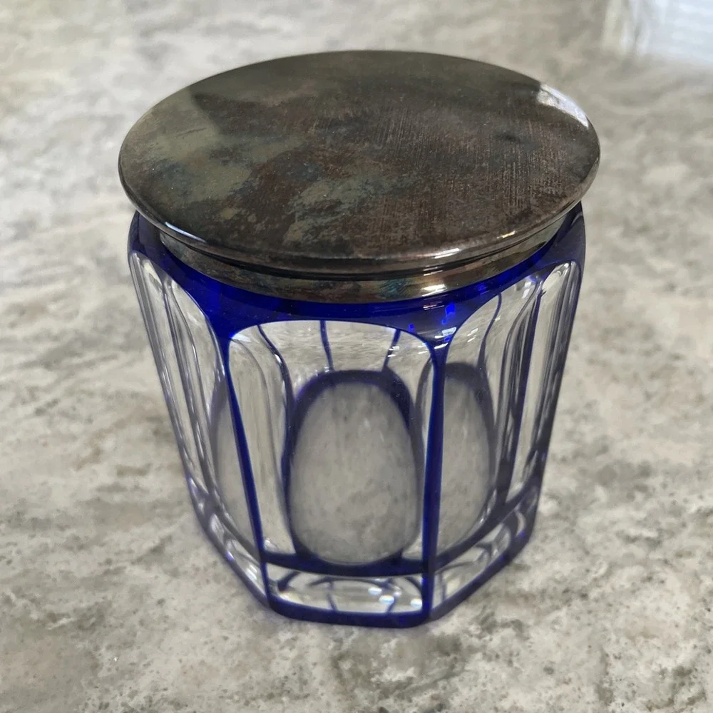Lappas Hand Blown & Cut Crystal Cobalt Blue Glass Jar Heavy 4